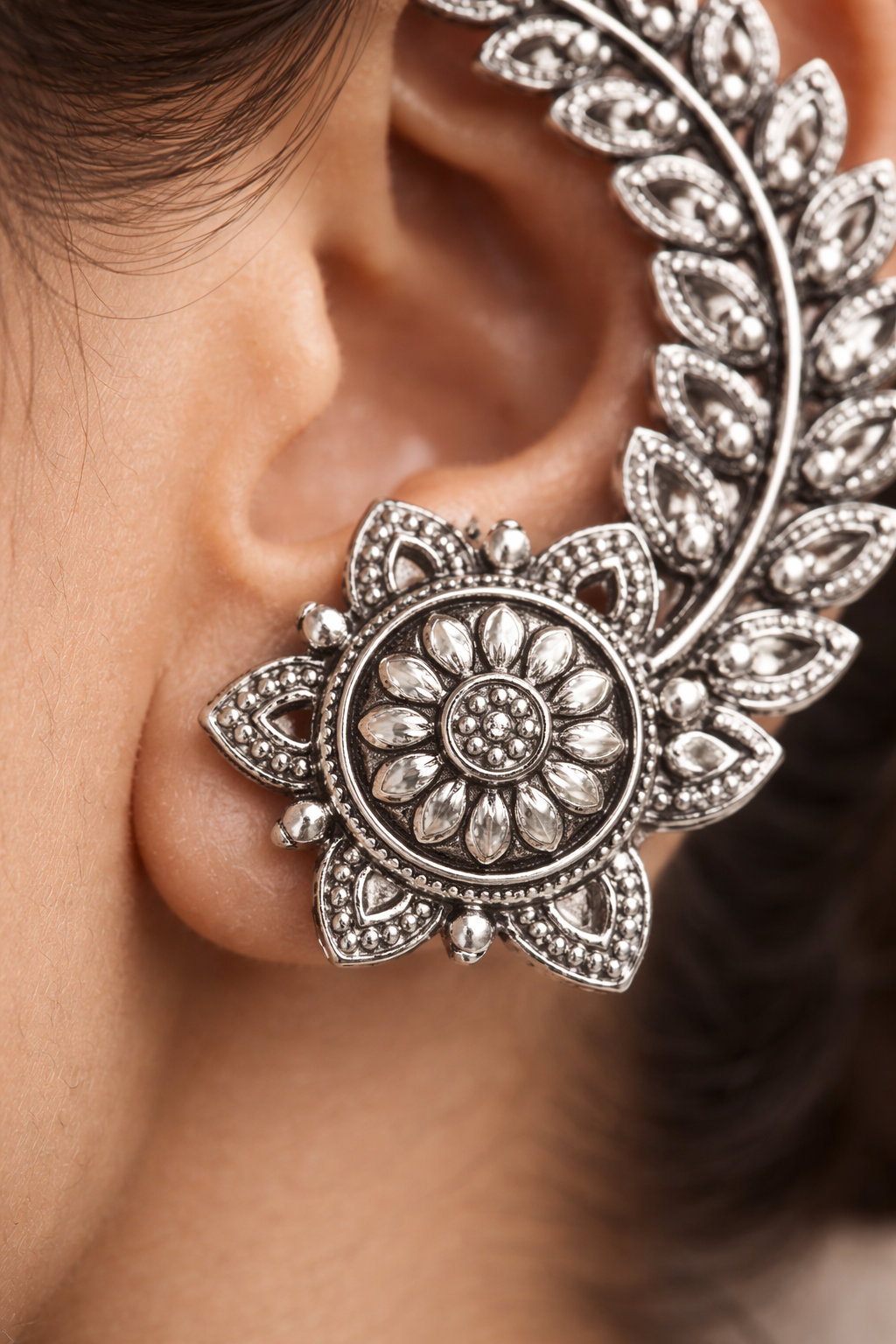 Elegant Floral Oxidised Silver Ear Cuff – Premium Statement Jewellery - Image 4
