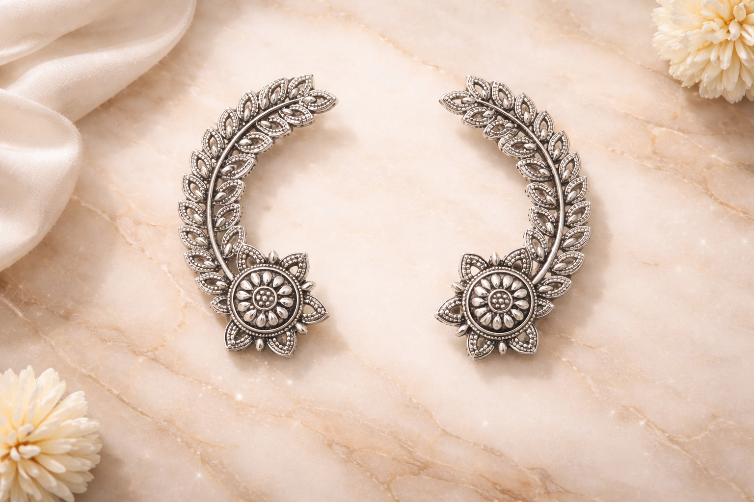 Elegant Floral Oxidised Silver Ear Cuff – Premium Statement Jewellery - Image 2
