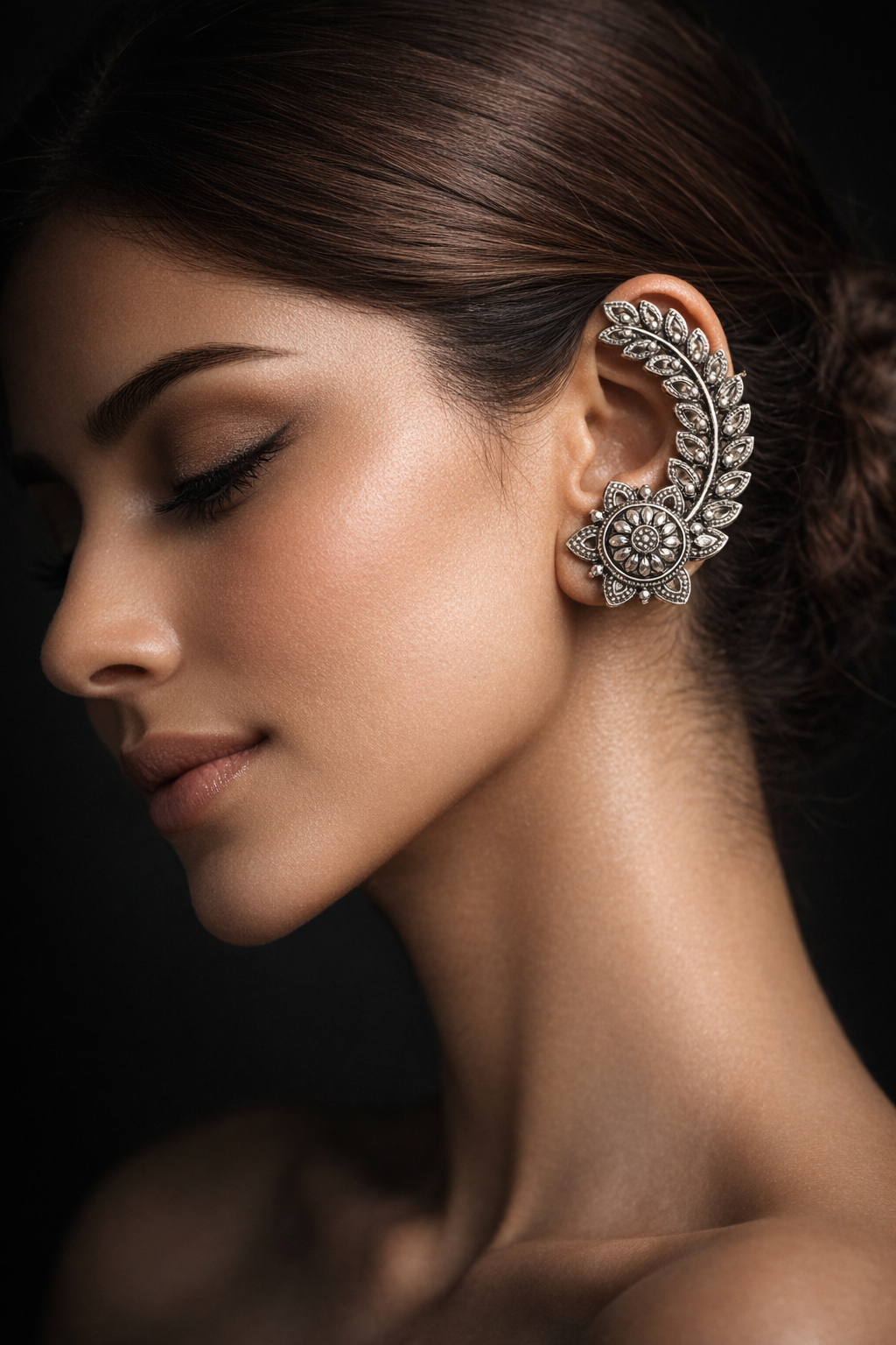 Elegant Floral Oxidised Silver Ear Cuff – Premium Statement Jewellery