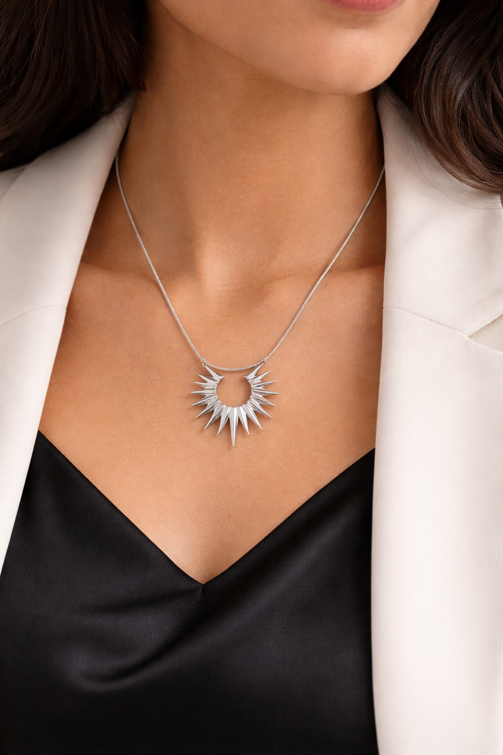 Silver Sunburst Spike Statement Pendant Necklace - Image 3