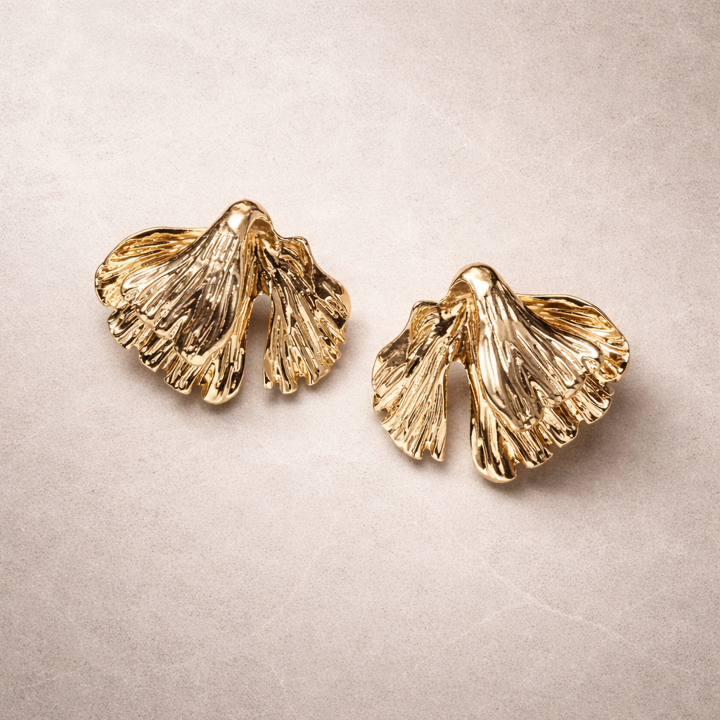 Gold Abstract Leaf Statement Stud Earrings | Sculpted Luxury Earrings for Women
