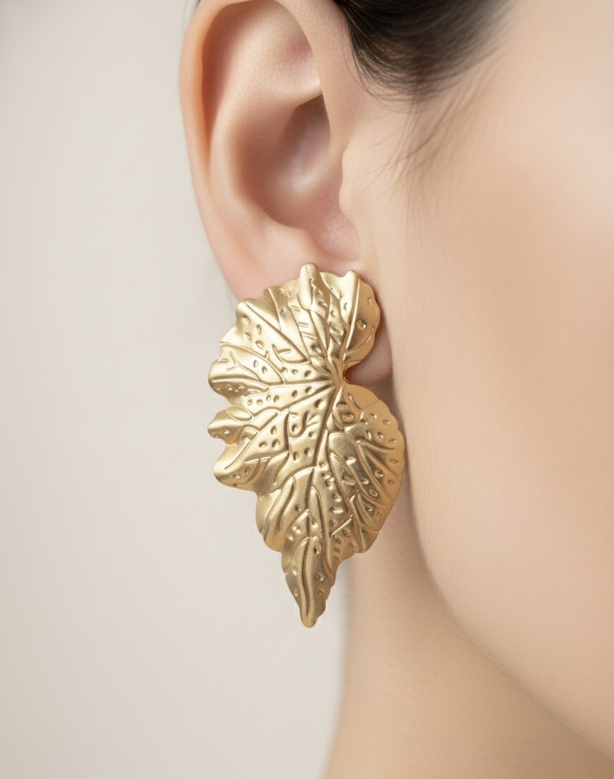 Gold Leaf Statement Stud Earrings | Textured Nature-Inspired Earrings for Women - Image 5