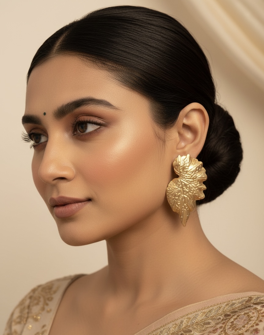 Gold Leaf Statement Stud Earrings | Textured Nature-Inspired Earrings for Women - Image 4