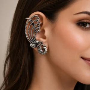 handcrafted-oxidized-silver-peacock-ear-cuff-floral-traditional-ear-crawler-for-women
