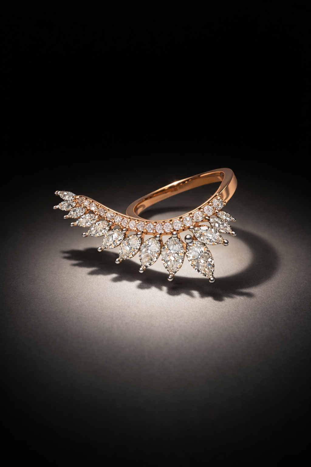 Rose Gold Leaf Cascade Crystal Ring