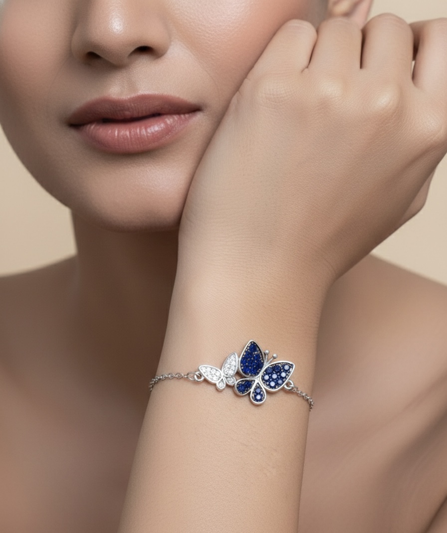 Blue Crystal Butterfly Charm Bracelet – 925 Sterling Silver
