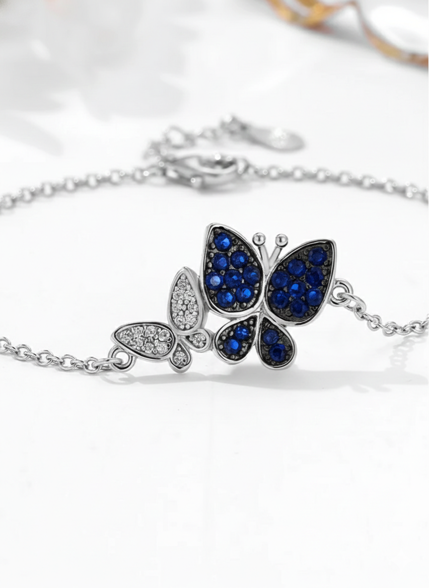 Blue Crystal Butterfly Charm Bracelet – 925 Sterling Silver - Image 2