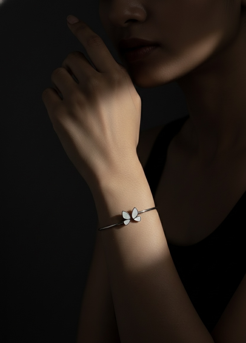 92.5 Sterling Silver White Enamel Butterfly Bracelet