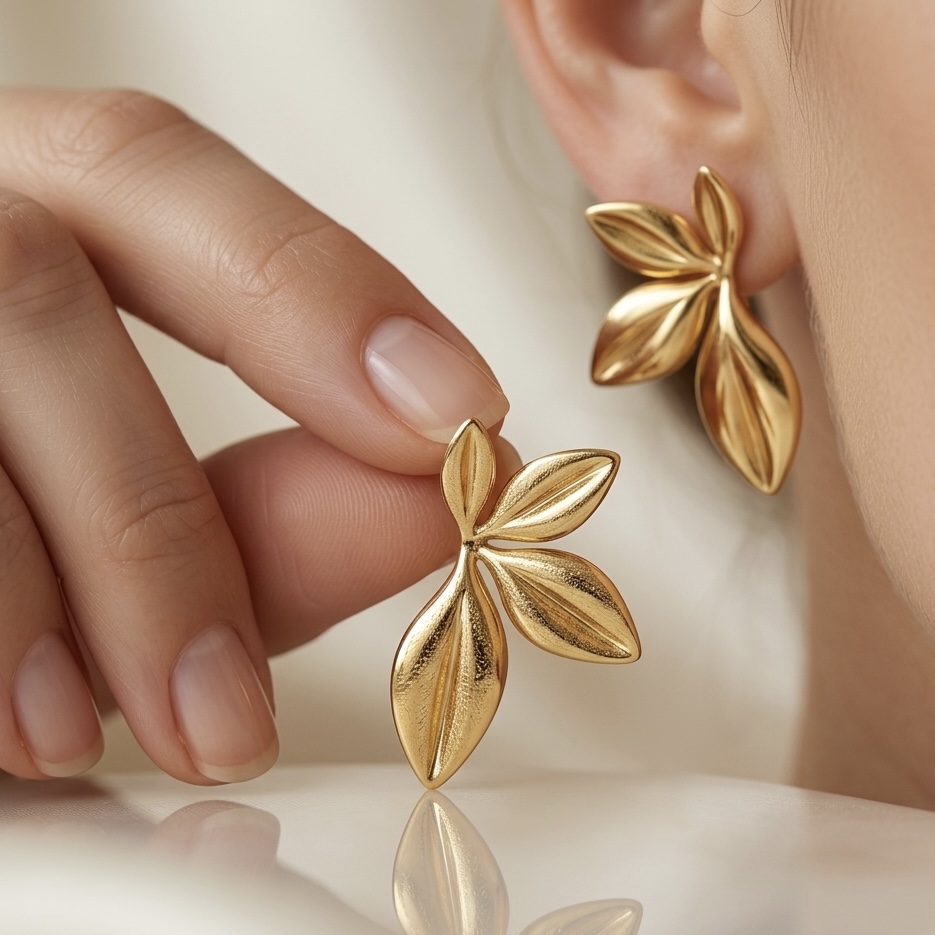 Gold Leaf Stud Earrings – Minimalist Floral Gold Earrings for Women | Pavani Studio
