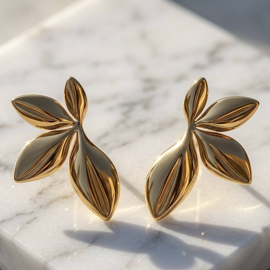 Gold Leaf Stud Earrings – Minimalist Floral Gold Earrings for Women | Pavani Studio - Image 3