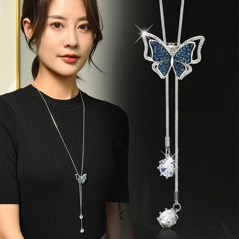 Blue Butterfly Sweater Chain Necklace – Elegant Long Pendant Necklace for Women - Image 2