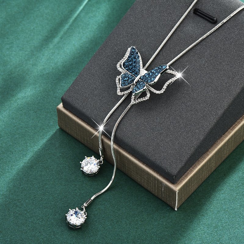 Blue Butterfly Sweater Chain Necklace – Elegant Long Pendant Necklace for Women
